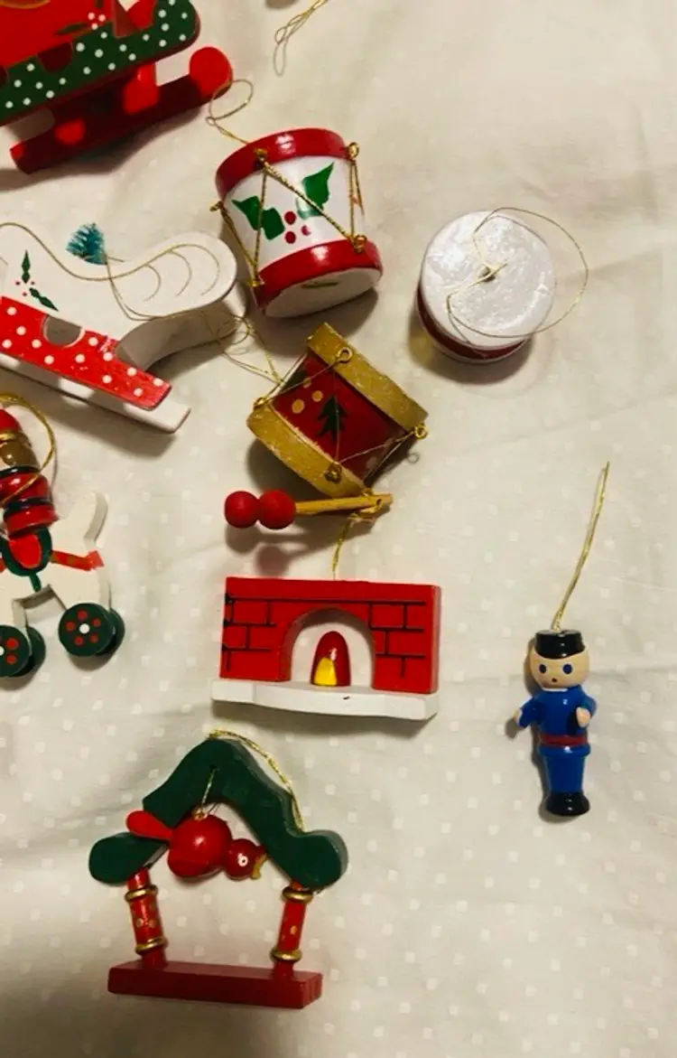 Lot of 27 Vintage Wooden Christmas Ornaments Sled Snowman Santa Train Engine Drums Retro Nordic Scandinavian Farmhouse Rustic Folk Art