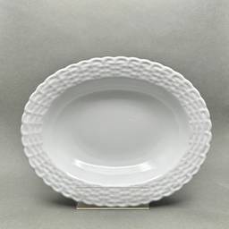 Vintage Tienshan White Porcelain Oval Vegetable Serving Bowl With Basket Weave Border