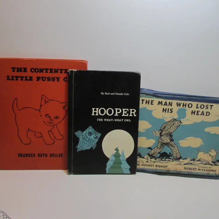 lot of 3 vintage children's books Contented Little Cat, Man Who Lost His Head, Hooper What What Owl Halloween decor paper crafting