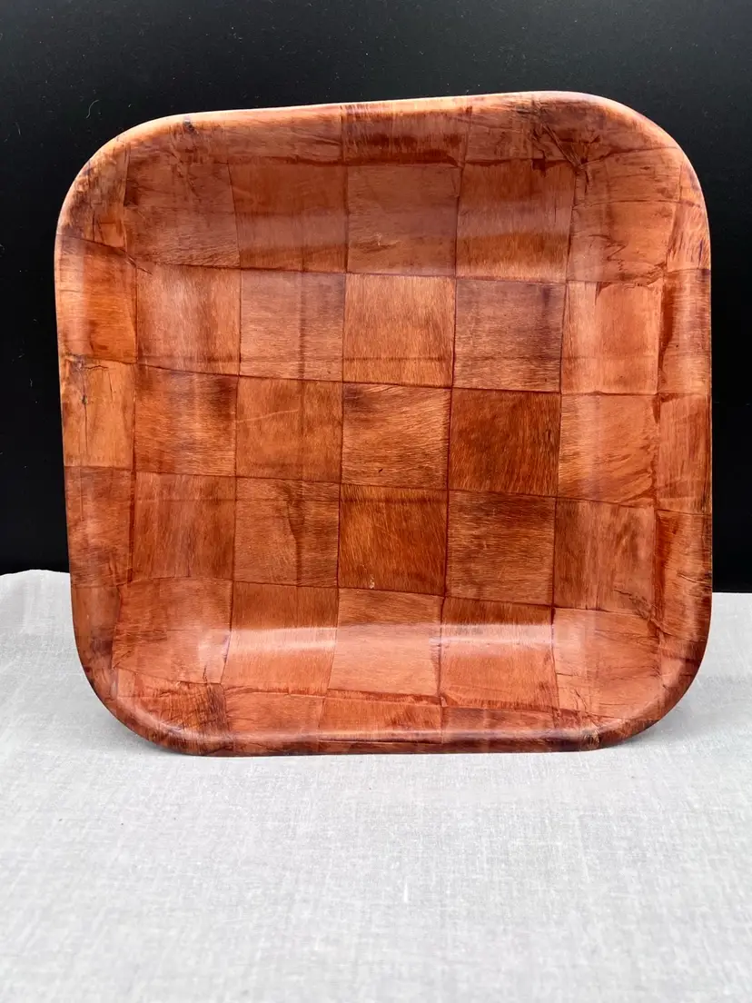 Vintage Woven Wood 11" Square Checkered Snack/Salad Bowl