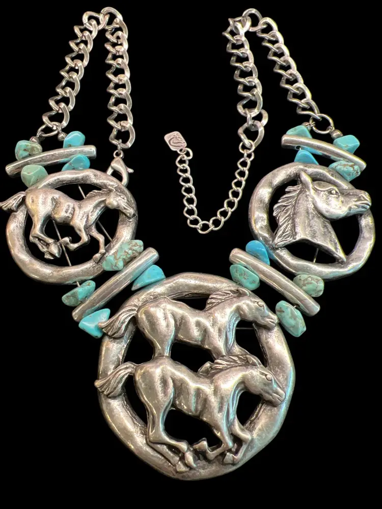 Western Horse Horses Silver Tone Faux Turquoise Statement Necklace 🐎 #D6-4
