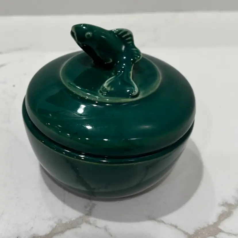 Ceramic Dark Green Fish Lidded Trinket Bowl