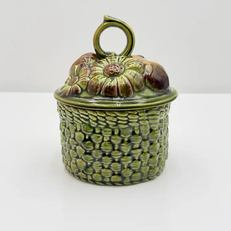 Ceramic Avocado Green Vintage Basket Style Jar With Flower And Fruit Lid