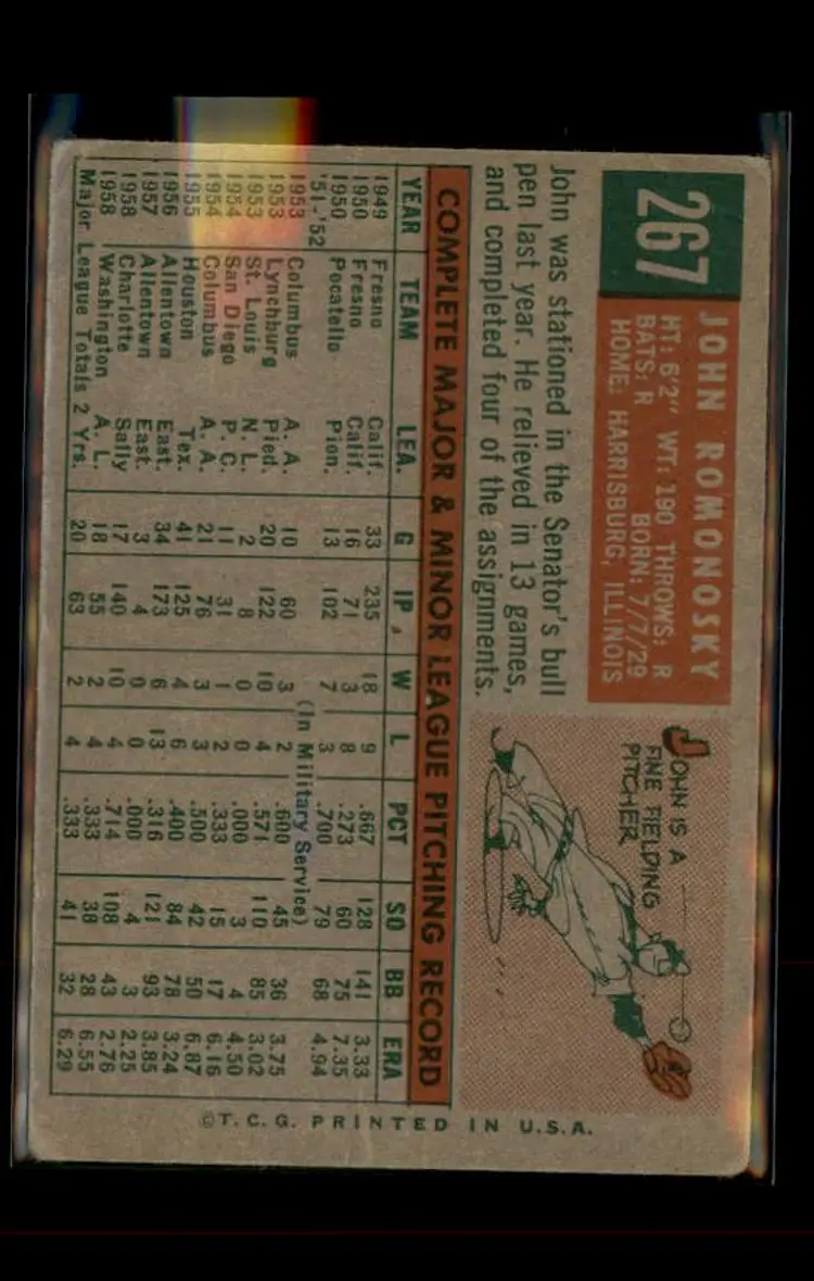 1959 Topps #267b John Romonosky - (pk4) - Washington Senators