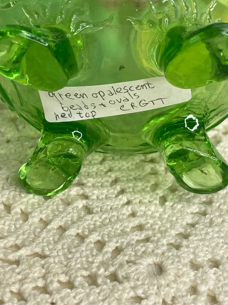 EAPG JEFFERSON 4.25" Green Opalescent BEADED DRAPE 4 Footed Rose Bowl Vase 1902