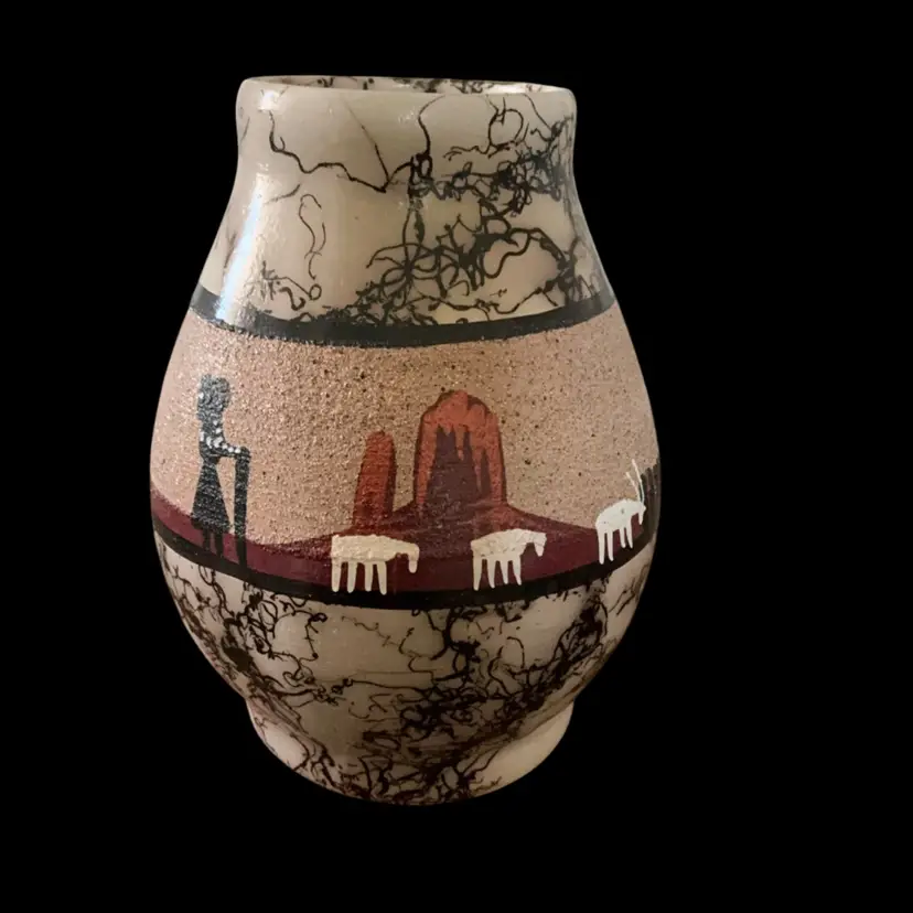 Vintage Navajo Horsehair Pottery Vase w/HP Frit Overlay 6.75”x 5”