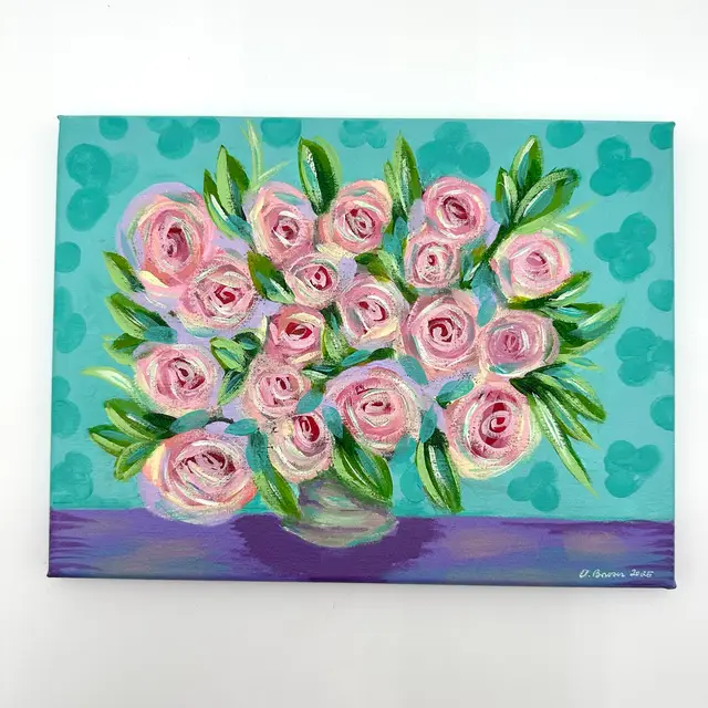 Floral Acrylic Painting On Canvas 9” X 12” “Some Roses Are Pink” B25