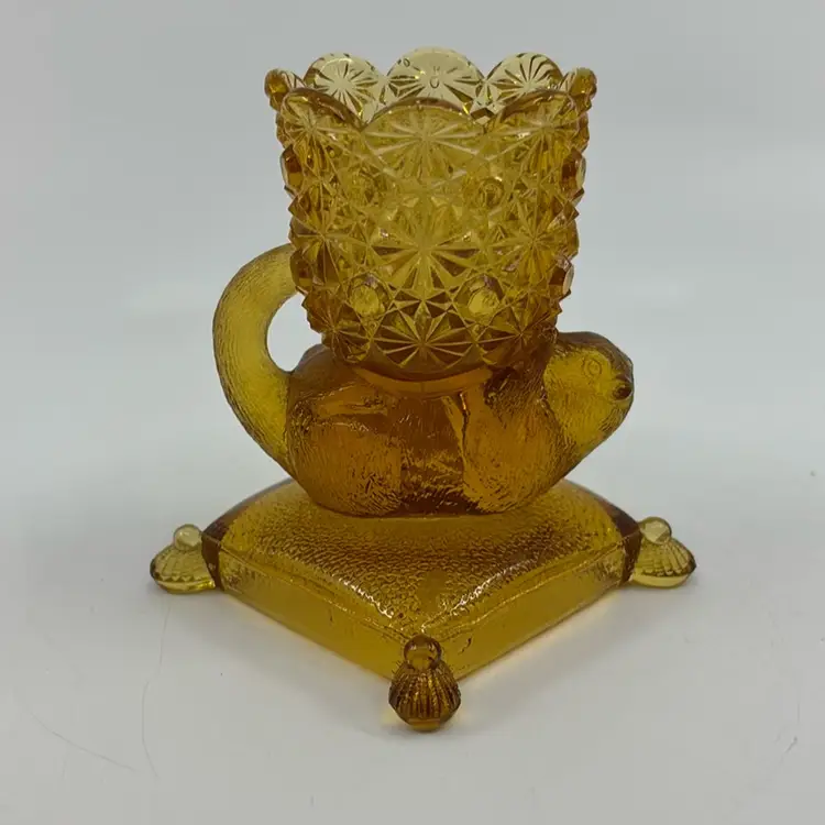Antique Circa 1888 Richards & Hartley EAPG Amber “Cat On A Pillow” Toothpick Holder 3.75”
