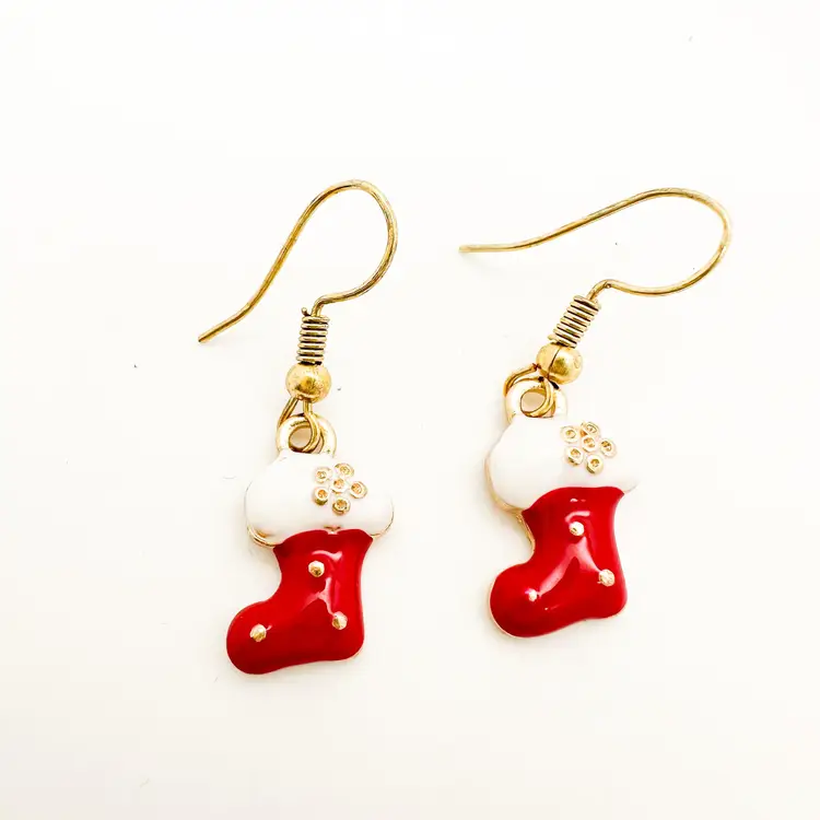 Christmas Earrings Stocking Enamel Accent Gold Tone Handmade 1.25"L