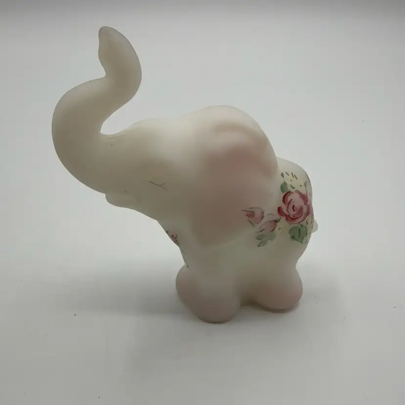 Fenton Satin Milk Glass Rose Painted Elephant L. Emerson