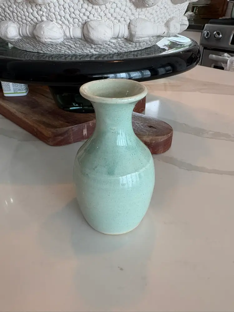 Studio Pottery Glazed Bud Vase Light Green Signed Peg