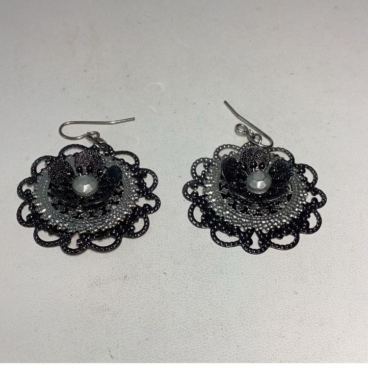 Black & Silver Metal Pierced Earrings 1”