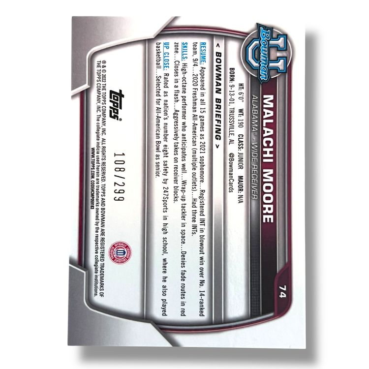 2022 Bowman University Chrome Malachi Moore Aqua Refractor 108/299 #74