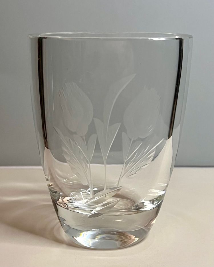 Etched Heavy Floral Clear Glass Vintage Vase 4 1/2”