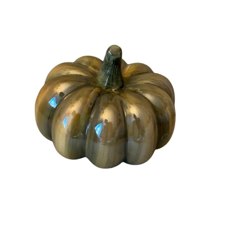 Olive Green Iridescent Ceramic Pumpkin 4 1/2 X 3 Inches