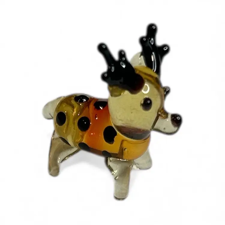 Mini Handblown Art Glass Reindeer Figurine With Christmas Stocking
