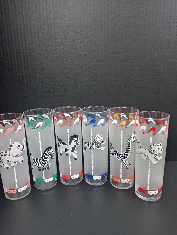 Vintage set of 6 Libbey Mid Century Frosted Tom Collins Carousel Glasses