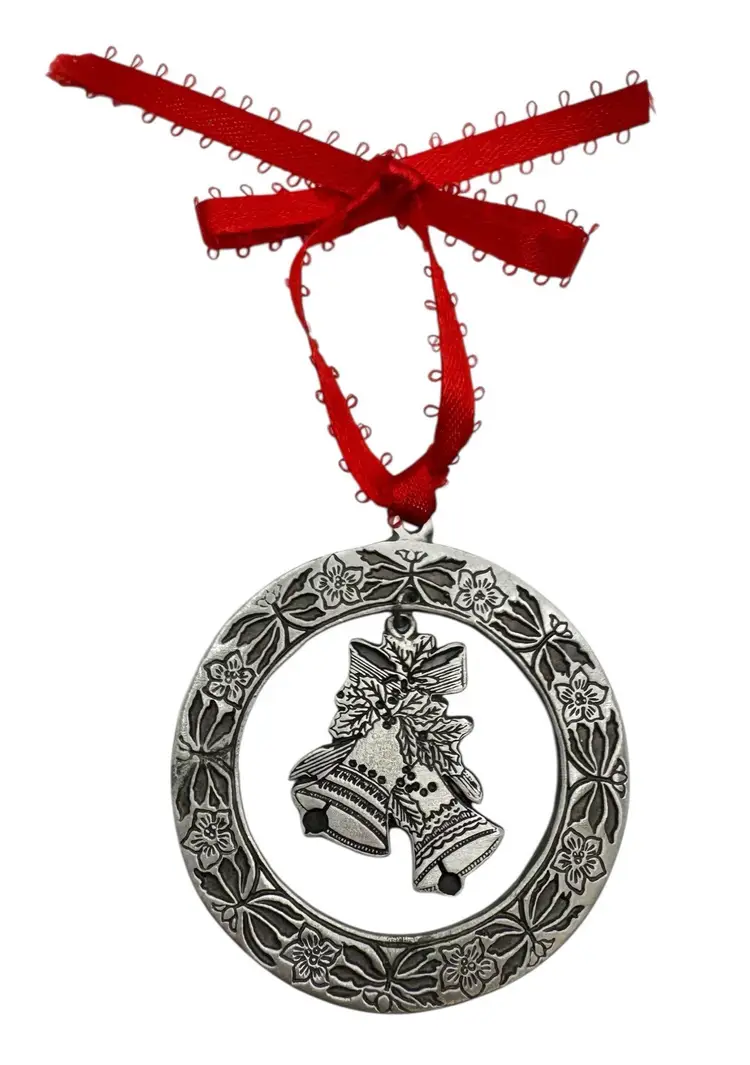 Pewter Silver Tone Christmas Holiday Ornament Bells Wreath Holly Poinsettia 2”