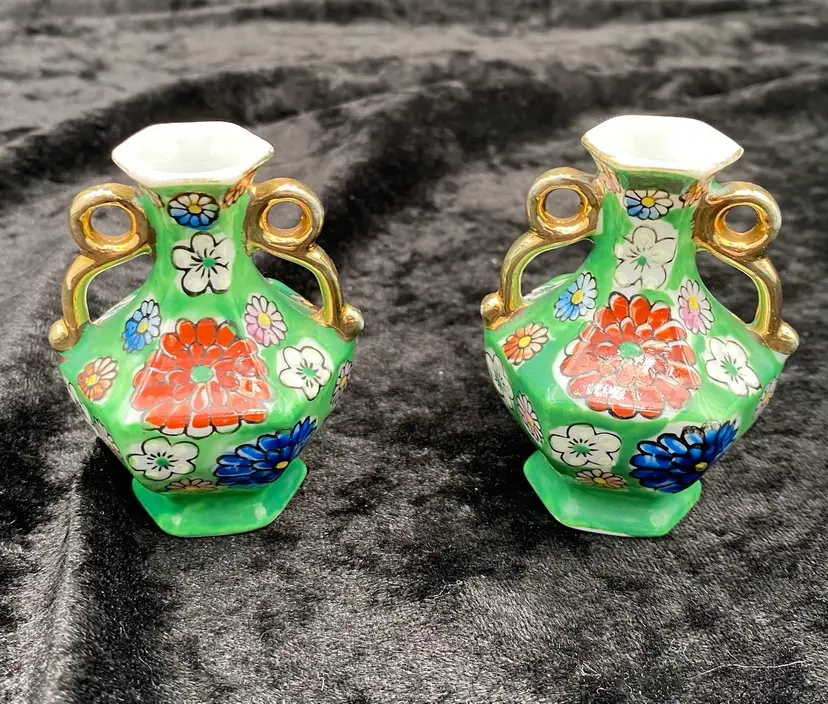 Pair: Vintage Ucago (Japan) Miniature Porcelain Double Handle Vases, Floral