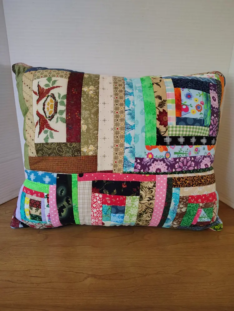 Vintage Handmade Quilted Patchwork Pillow Cross Stitch Birds  Log Cabin Pattern