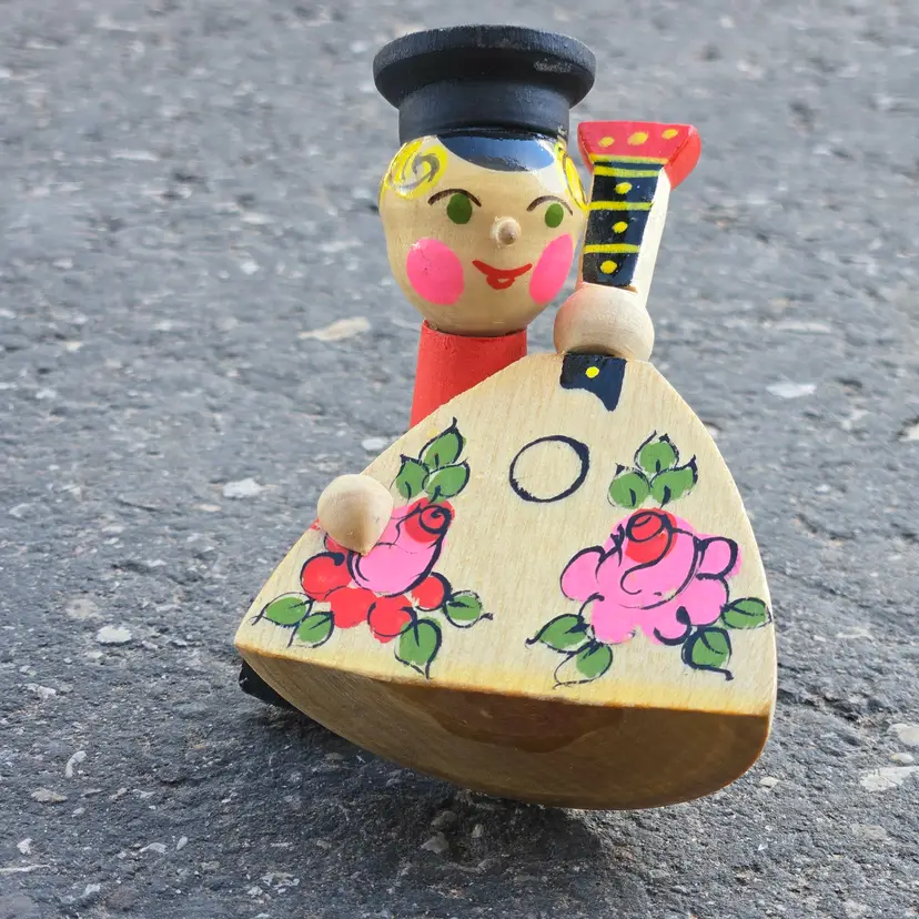 Folk Art Figurine Soviet Wood Musician Boy with Balalaika Hand Painted Vintage