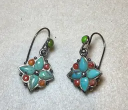 Vintage Southwest Sterling Silver Turquoise And Coral Dangle Earrings