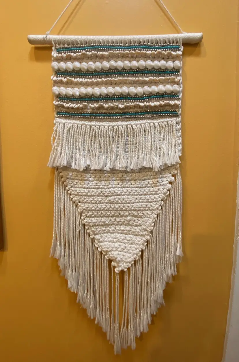 BOHO Handcrafted Wall Hanging Cotton Macrame w/Tassels Shells Blue/Silver Beads