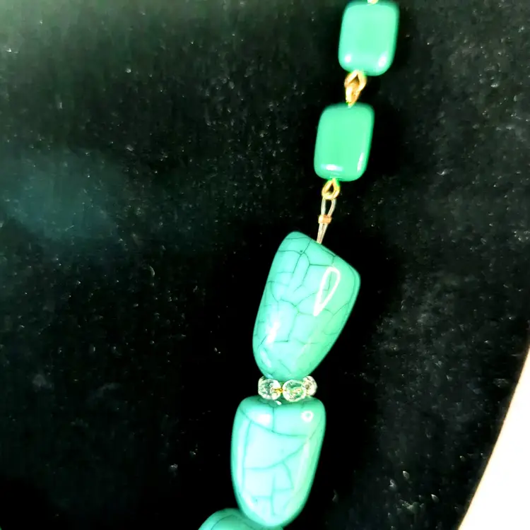 Vintage Aqua Blue Beaded Long Necklace With Gold-Tone Chain & Clasp 36 Inches