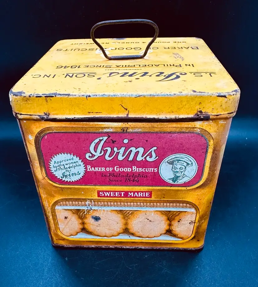 134. Rustic Antique Biscuit Tin Farmhouse Patina Ivins Cookies. 1910s