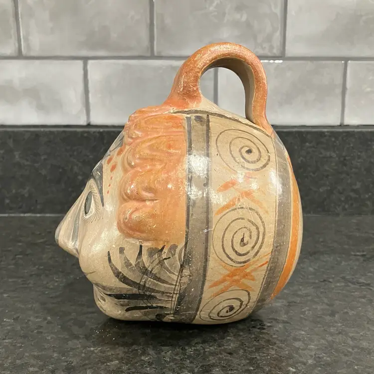 Tonala Mexican Face Piggy Bank Folk Art Terra Cotta Pottery 1960s Vintage Mexico