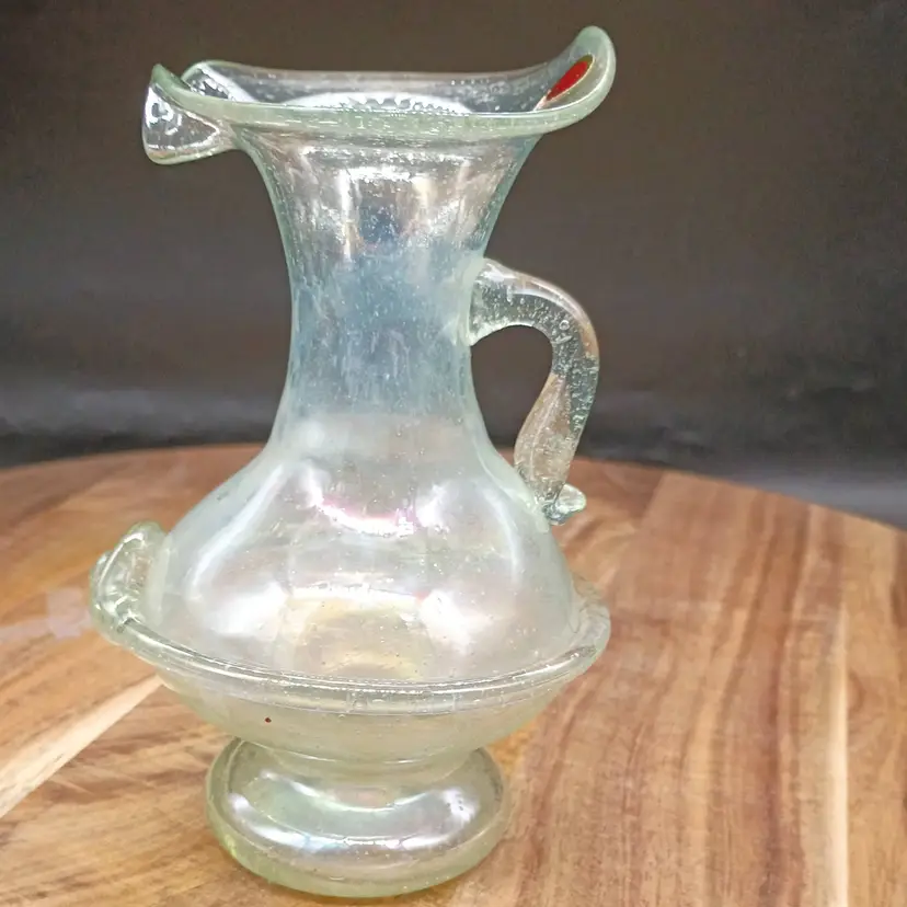 Murano Art Glass Pale Green Iridescent with Lion Head Punt 5" Ewer Vase Pitcher Cruette Bottle