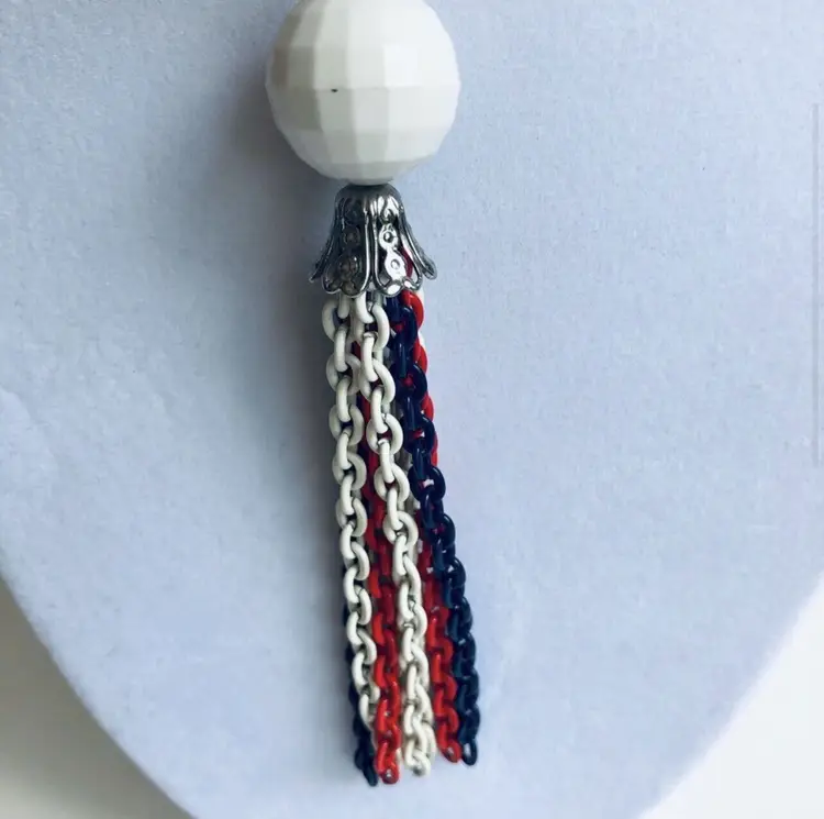 Vintage 1970’s Red White Blue Disco Ball Tassel Groovy Long Necklace 22”