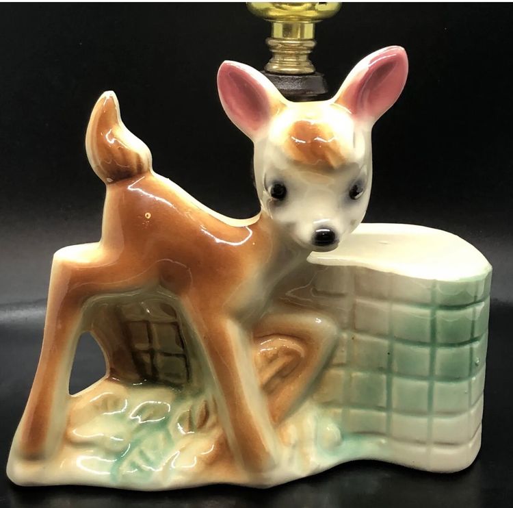 Vintage Kitsch Mid Century Bambi Deer Fawn Ceramic Disney Figurine Lamp 7.5”T