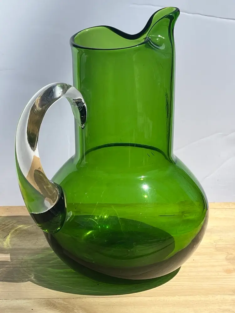 Vintage Hand Blown Bischoff Emerald Green Art Glass Pitcher 