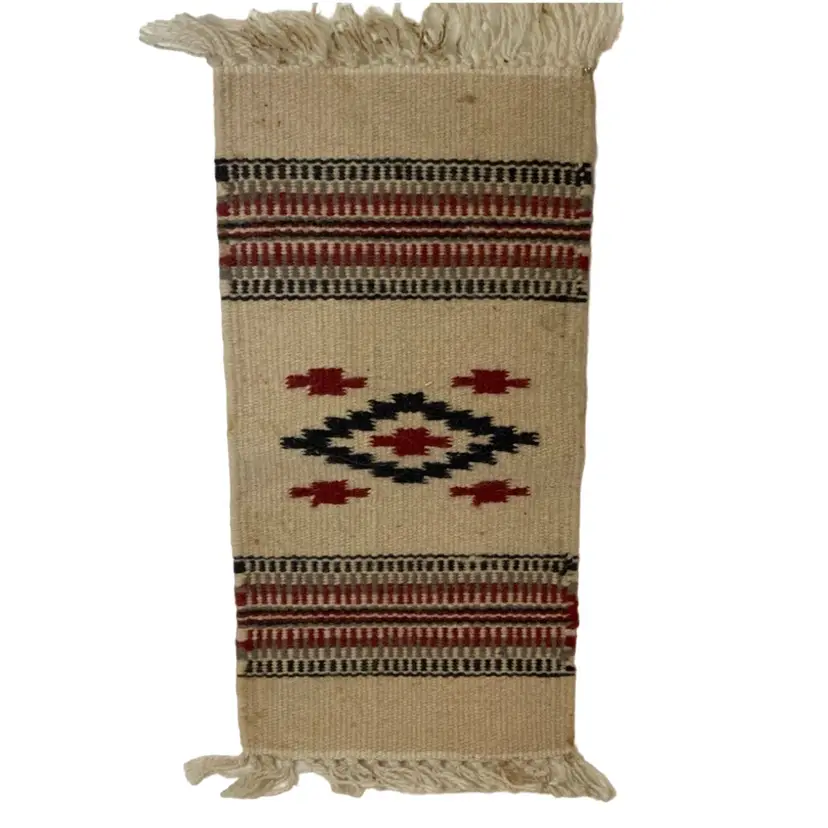 Vintage Natural Fibers Southwestern Motif Woven Wall Hanging or Placemat, Vintage Boho Woven Tapestry, 80's Woven Wall Hanging or Rug Made In India Featuring Arrow Heads And Four Directions Symbol Wall Art with Frame 21” By 10” Un-Framed