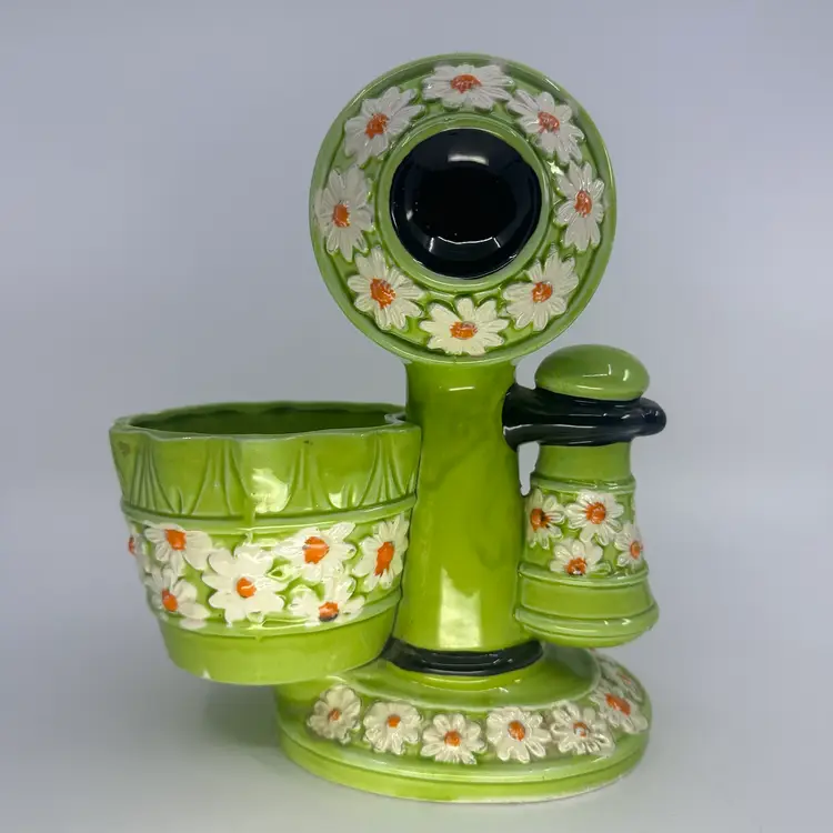 Vintage Relpo Ceramic Telephone Planter Green Daisy Floral Japan