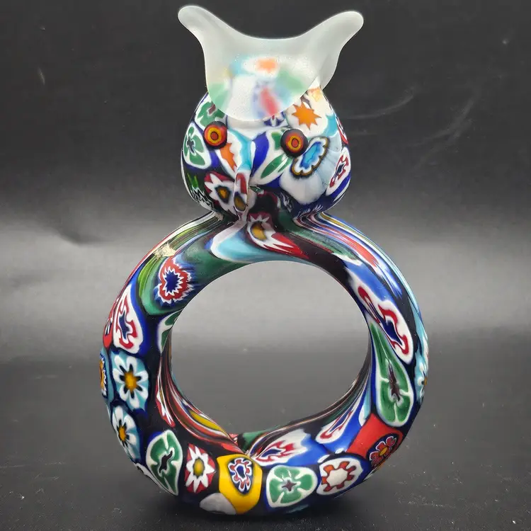 #3 HTF Vintage KB Italy Murano Venetian Art Glass Satin Millefiori Cut Cane Owl Napkin Ring RARE!