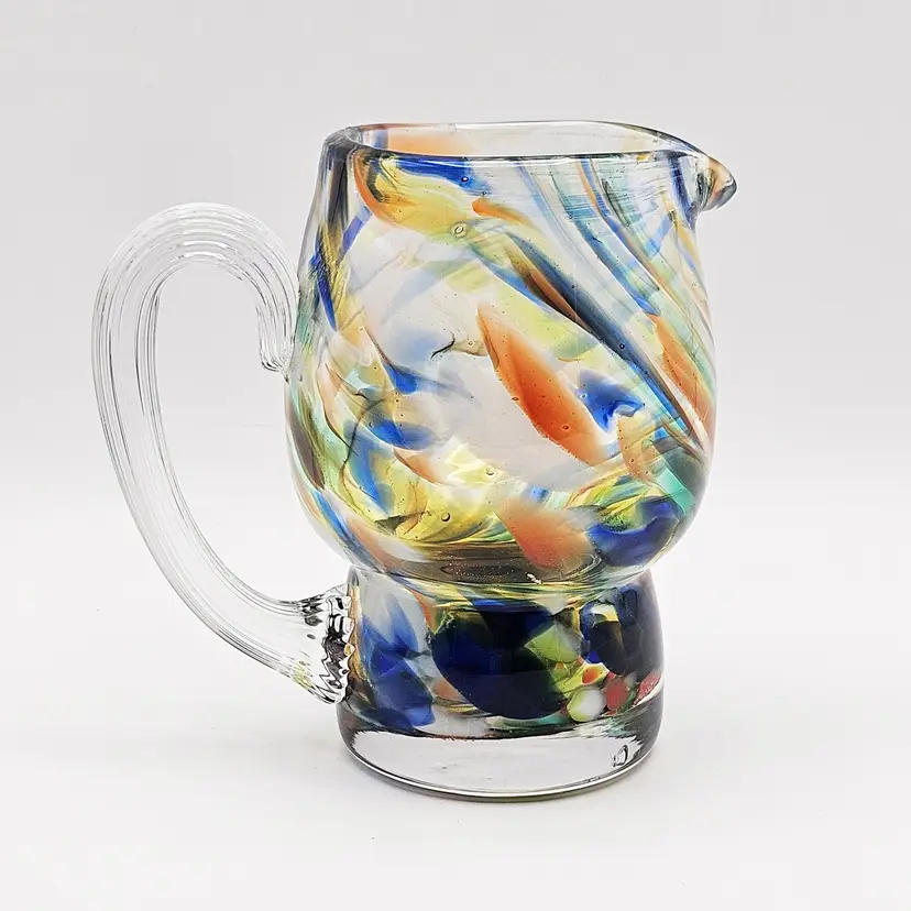 Multicolor Rainbow Swirl Glass Pitcher Mug Handle USSR Vintage Murano-style