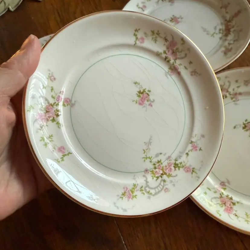 Vintage Pope Gosser China Bread Plates – Set of 4, 6 Inch Pink Rose Floral with Gold Trim, Shabby Chic Cottagecore Dinnerware