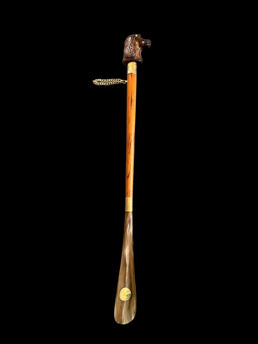 #01 Made in Italy-1950s Extended Oak Shoe Horn w/ Cocker Spaniel Head. Brass Accents Pieces. Tongue is Polished Bone. UV Glows-Lot 35