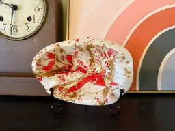 Mid-Century Plymouth Products Splatter Glaze Dish – Red & Gold Abstract Ashtray or Trinket Catchall, 1950s Retro Ceramic Decor