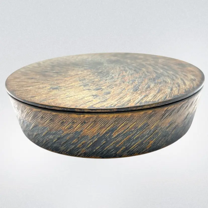 Round Plastic Storage Trinket Box With Lid. Swirled Brown Design.