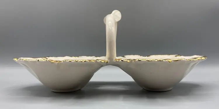 MCM Divided Leaf Ceramic Candy Trinket Dish Off-White w/ Gold Trim & Handle - Vintage