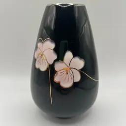 Vintage ANDRE RICHARD Black Bud Vase w/ Pink Flowers Gold Outline Made In Japan