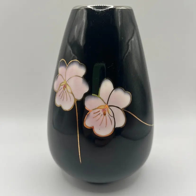 Vintage ANDRE RICHARD Black Bud Vase w/ Pink Flowers Gold Outline Made In Japan