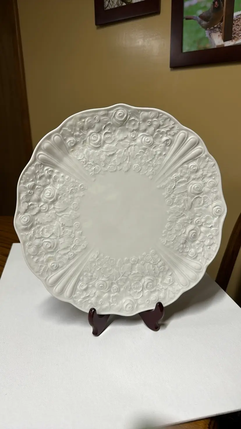 Czechoslovakia White Floral Embossed Cake/Serving Plate 11.75” diameter