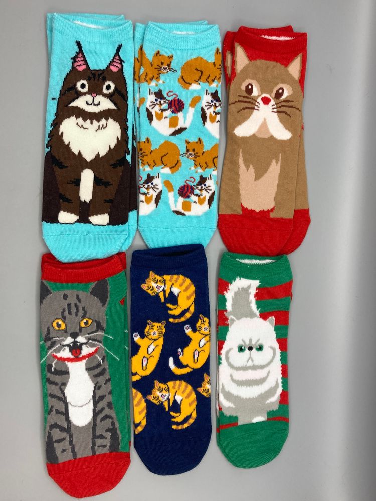 Set of 6 Pairs of Cute Cat Themed Low-Cut Socks - Women's Shoe Size 4-10