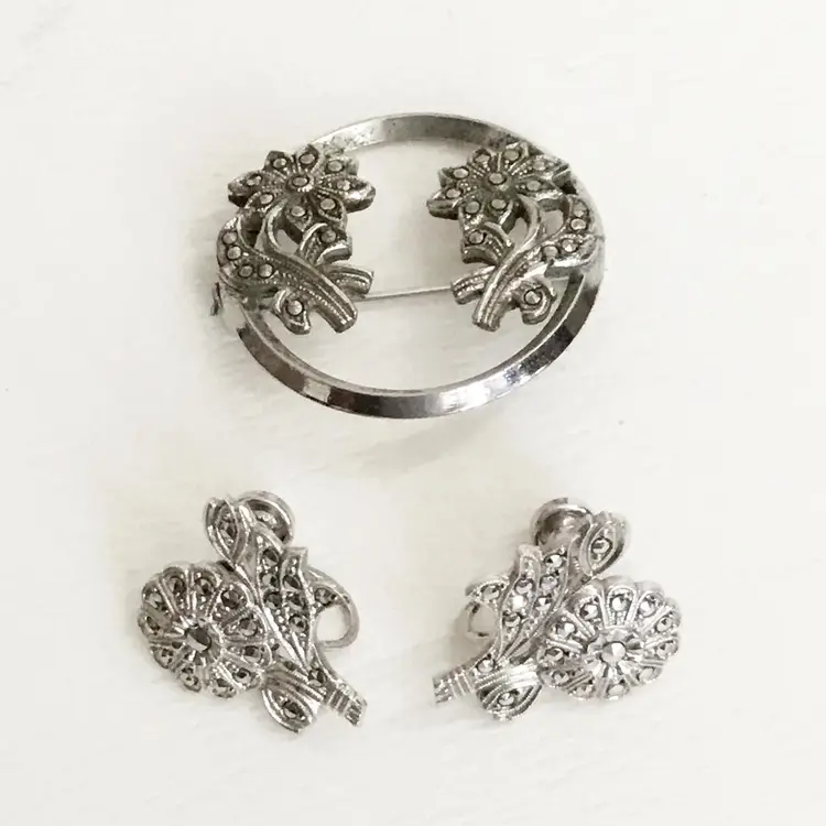 Vintage BK Sterling Silver Tone Floral Flower Marcasite? Earrings & Brooch Set