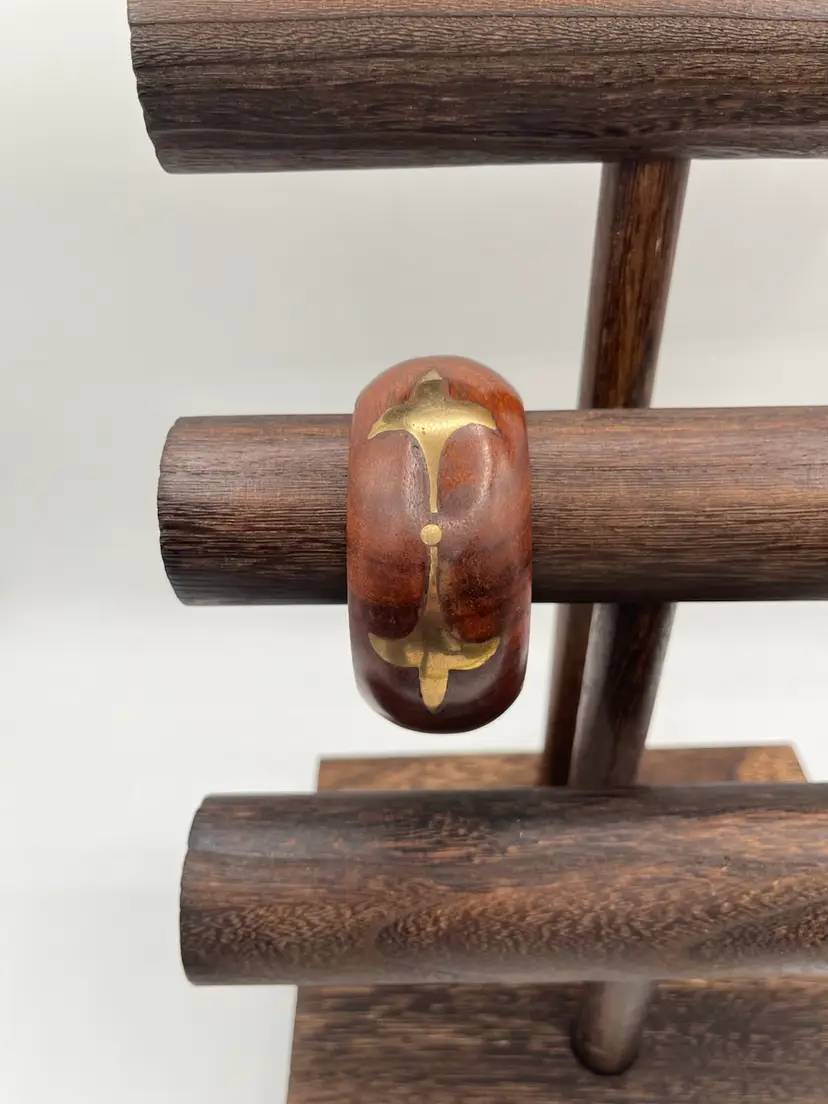 Chunky Vintage Wood Bangle Bracelet with Brass Inlaid