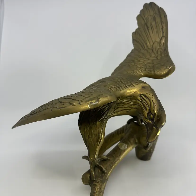 Large Solid Brass Eagle Perched On Branch Wings Spread Figurine 13”